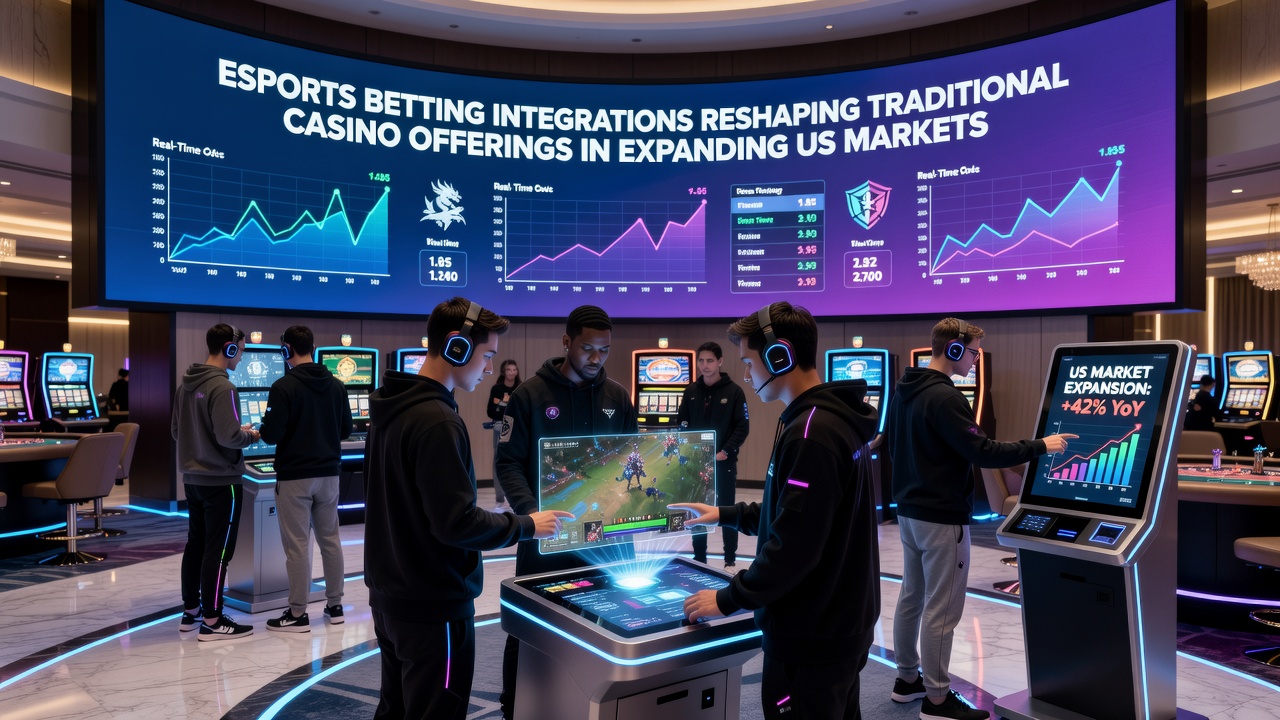 Esports betting terminals integrated into a traditional US casino floor with live event screens and wagering kiosks