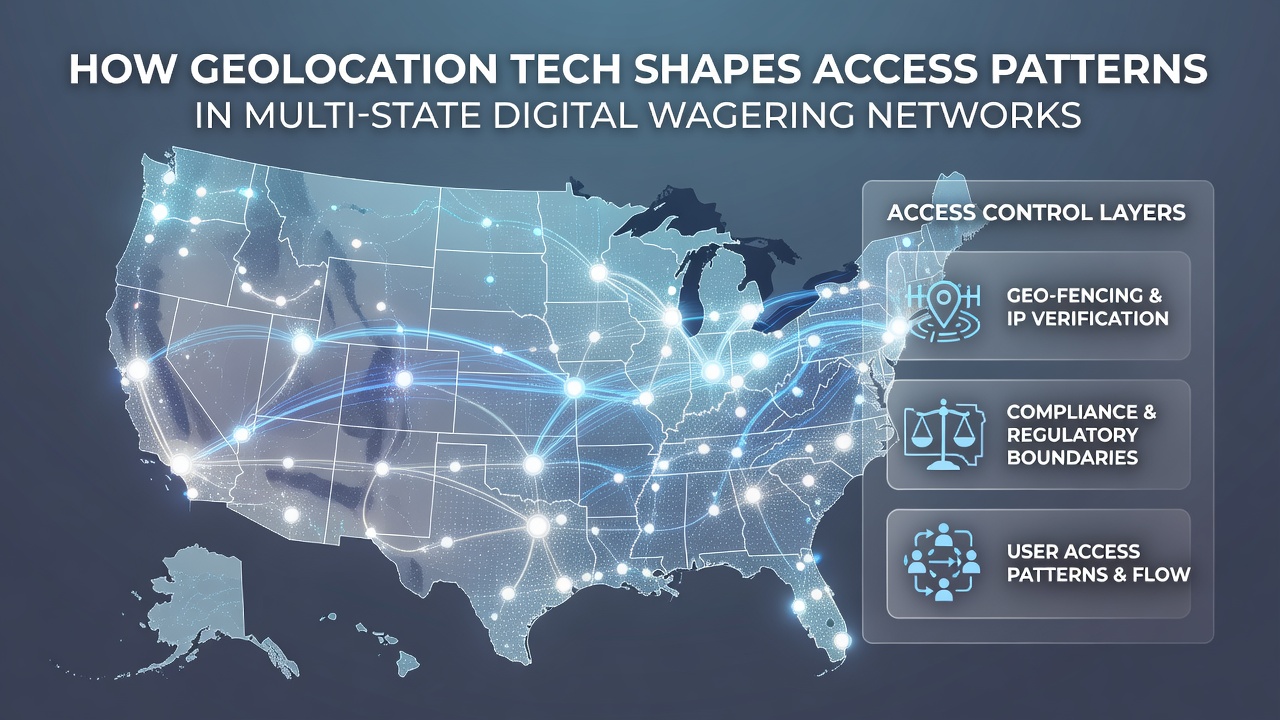 Geolocation technology interface showing state boundaries and user access verification for digital wagering platforms