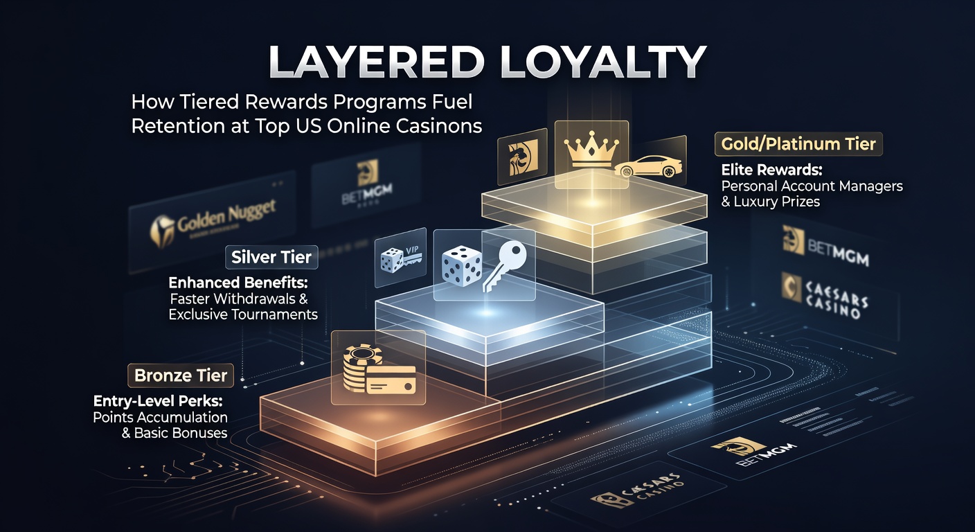 Visual representation of tiered loyalty levels in online casinos, showing bronze, silver, and gold pyramids with escalating rewards like cashback and exclusive bonuses