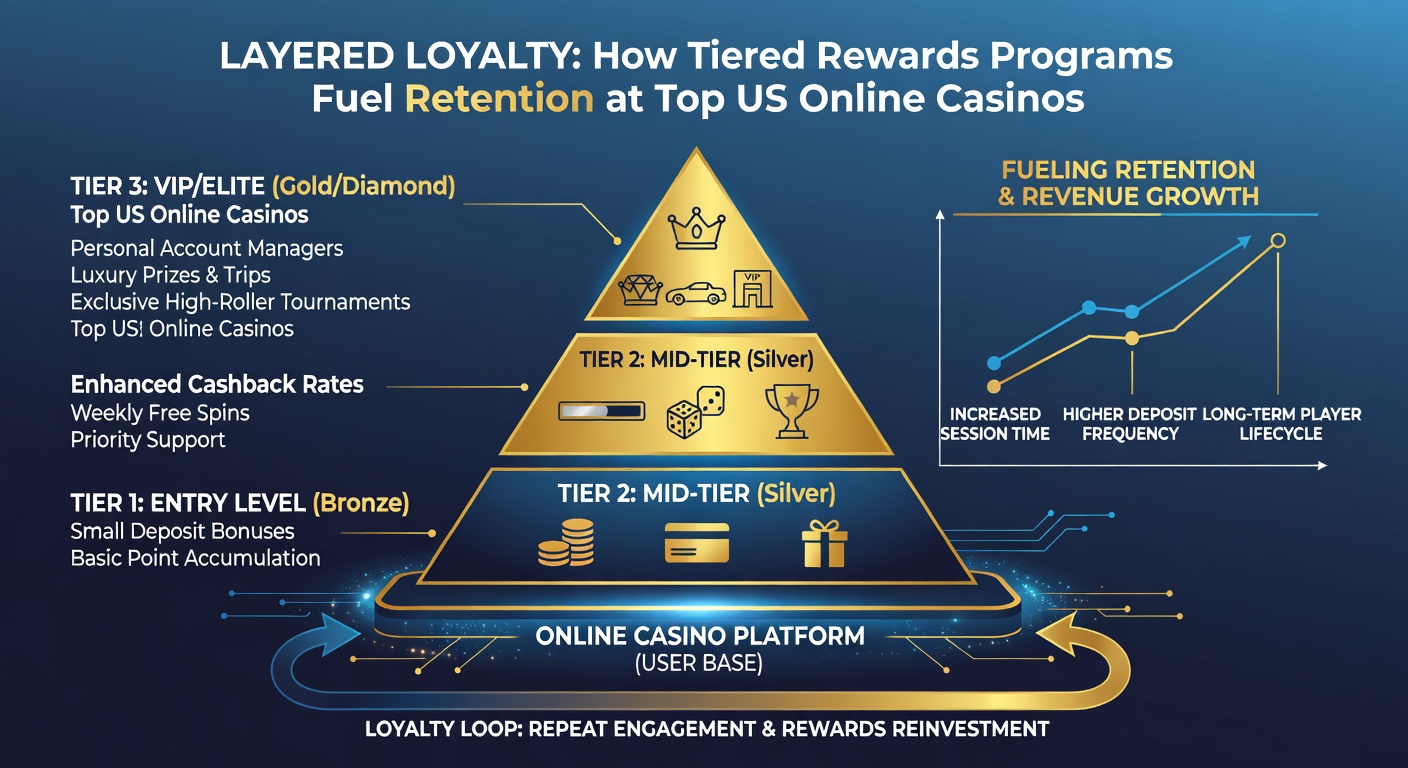 Infographic detailing retention stats for tiered vs. non-tiered players at US online casinos, with bar graphs showing 70-80% loyalty rates and revenue breakdowns
