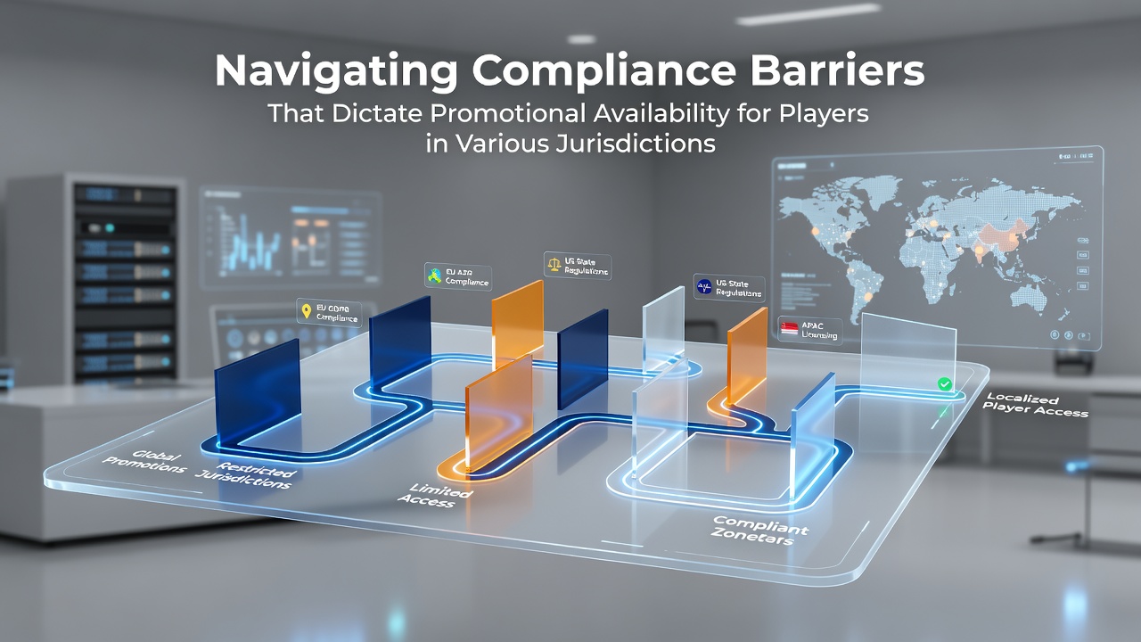 Regulatory compliance documents and maps showing jurisdictional differences in gaming promotions across multiple regions