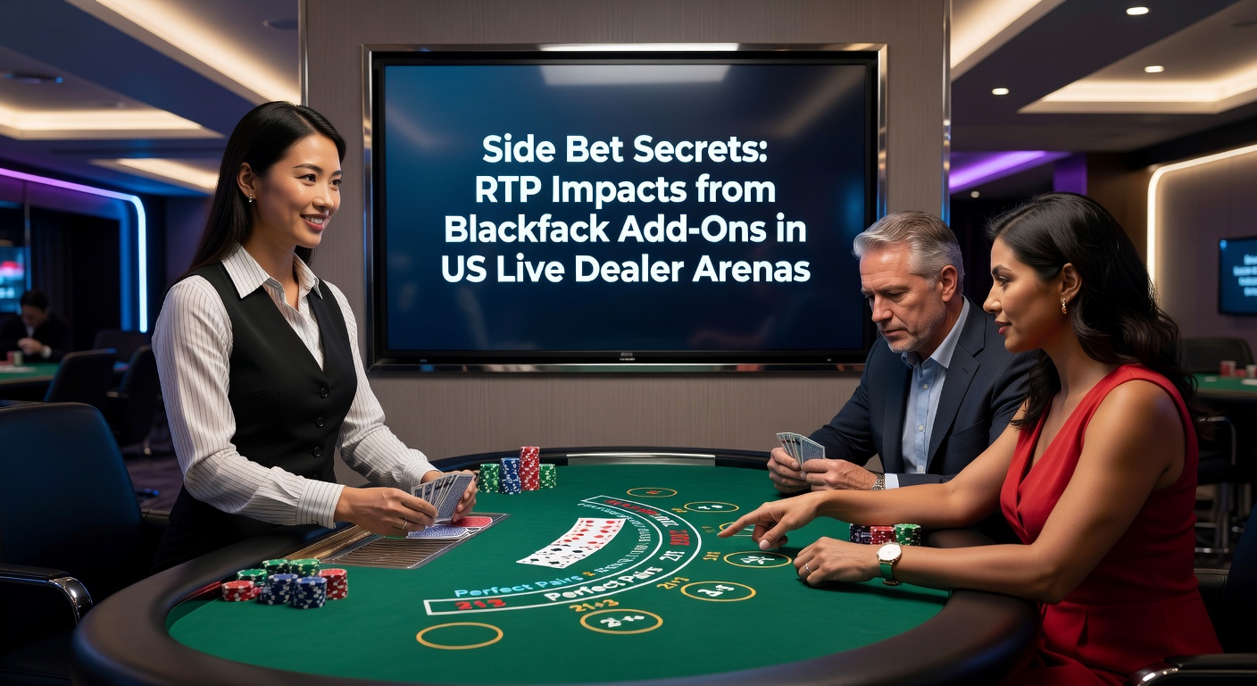 Close-up of a side bet payout chart on a live blackjack interface, highlighting RTP percentages for Perfect Pairs and Insurance options amid a bustling dealer stream