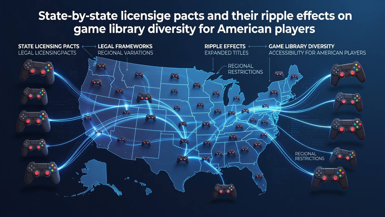 Map showing interstate licensing agreements and game availability variations across US states for online casino platforms