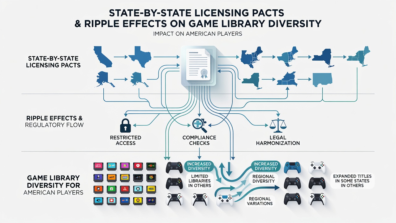 Comparison chart of game library sizes in states with and without multi-state licensing pacts as of mid-2026
