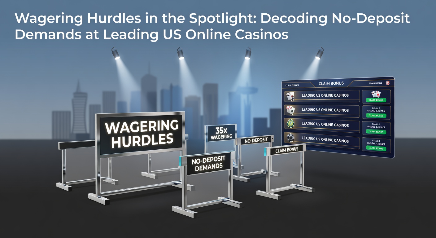 Dynamic illustration depicting wagering requirement hurdles as barriers in the path of online casino players seeking no-deposit bonus wins